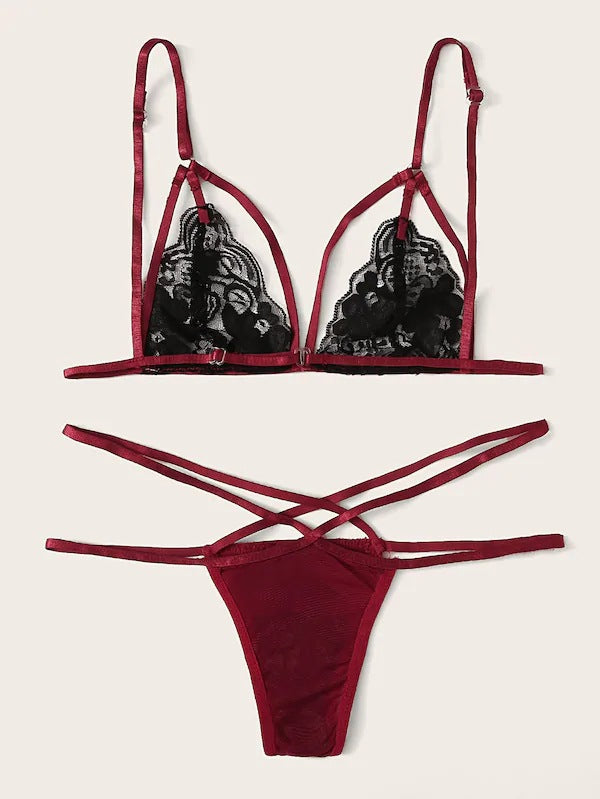 Dame Strappy Lace Bralette og String-Sæt Stilla