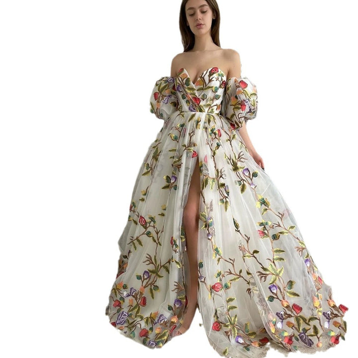 Dame Elegant tylkjole med blomster broderier og voluminøse puffærmer Stilla