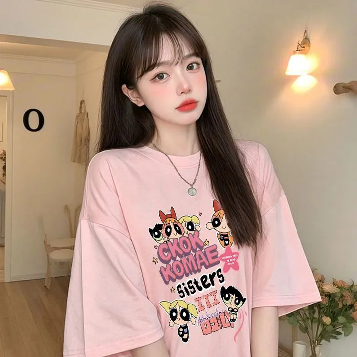 Dame T-shirt med kunstnerisk cartoon-print i afslappet oversized-snit Stilla