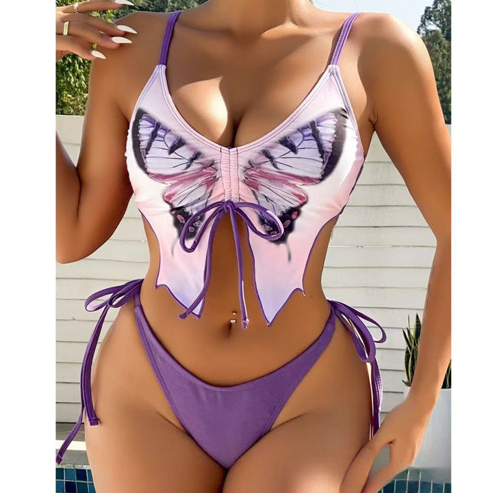 Damer Farverig Bikini med Butterfly-motiv og justerbare bindebånd Stilla