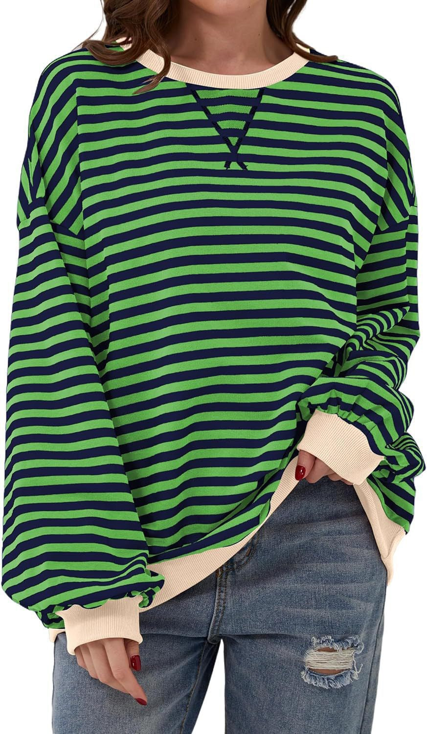 Femme Cozy Overdimensioneret Stripet Pullover Sweatshirt Stilla
