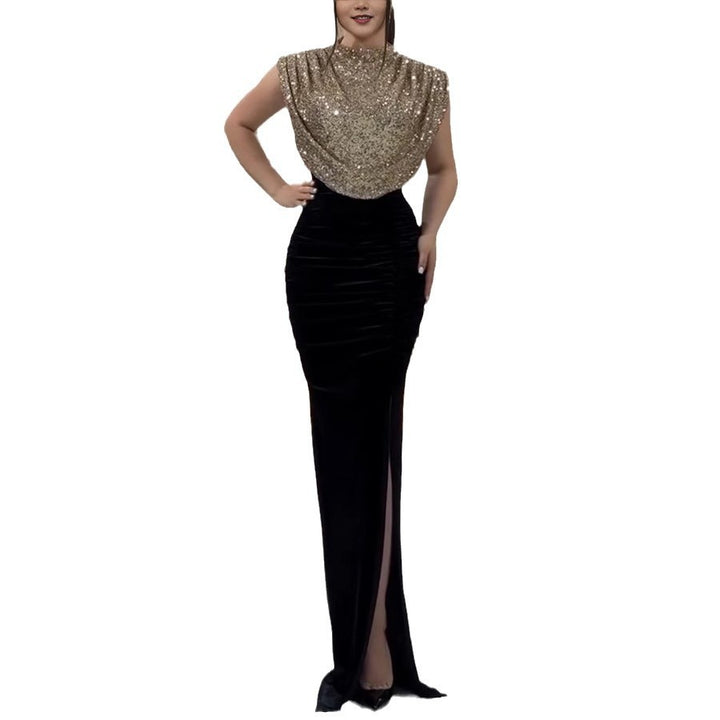 Dame Glamourøs Aftenkjole med skinnende overdel og elegant slids Stiila