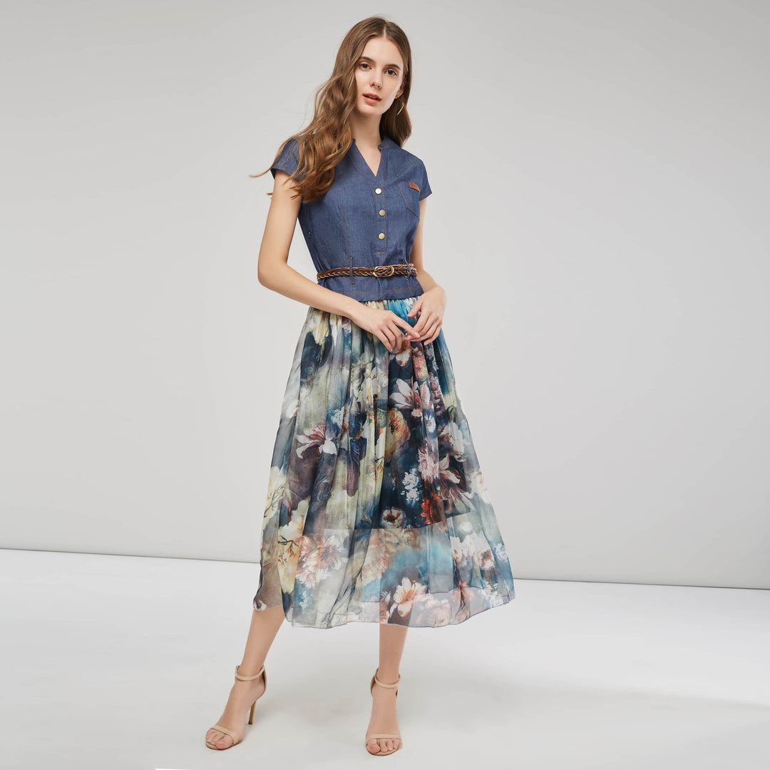Dame Midi-nederdel med floral chiffon og knapbar overdel Stilla