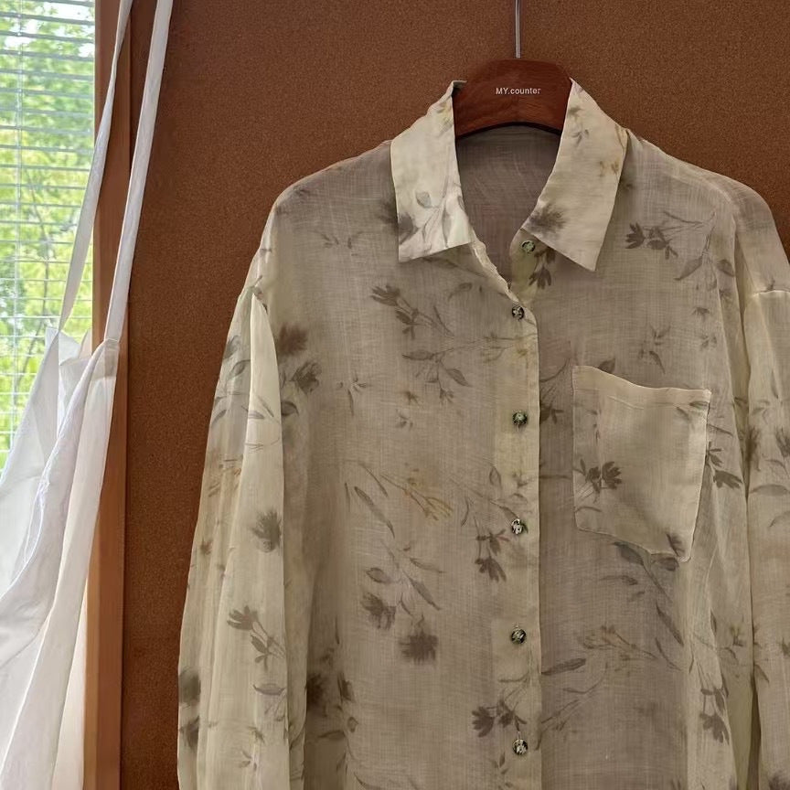 Femme Floral Trykt Gennemsigtig Button-Up Bluse Stilla