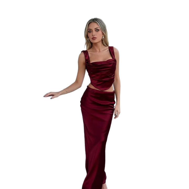 Damer Elegant Satin Set med figursyet top og svajende nederdel Skovae