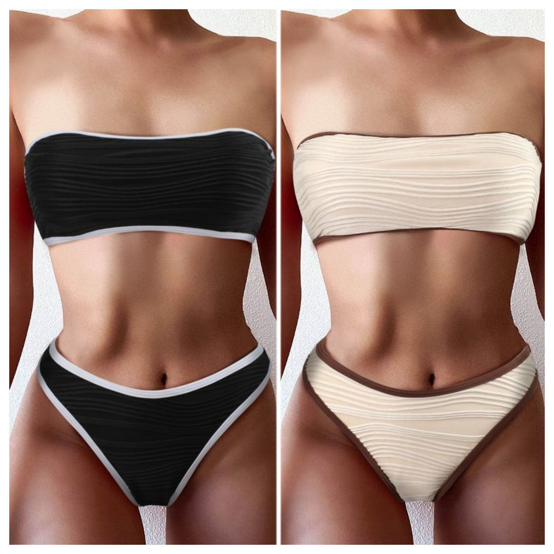 Dame Bandeau-bikini med struktureret top og høj udskæring Stilla