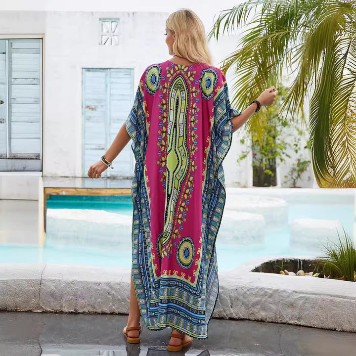 Dame Kaftan med farverigt etno-mønster og sidelommer Stilla