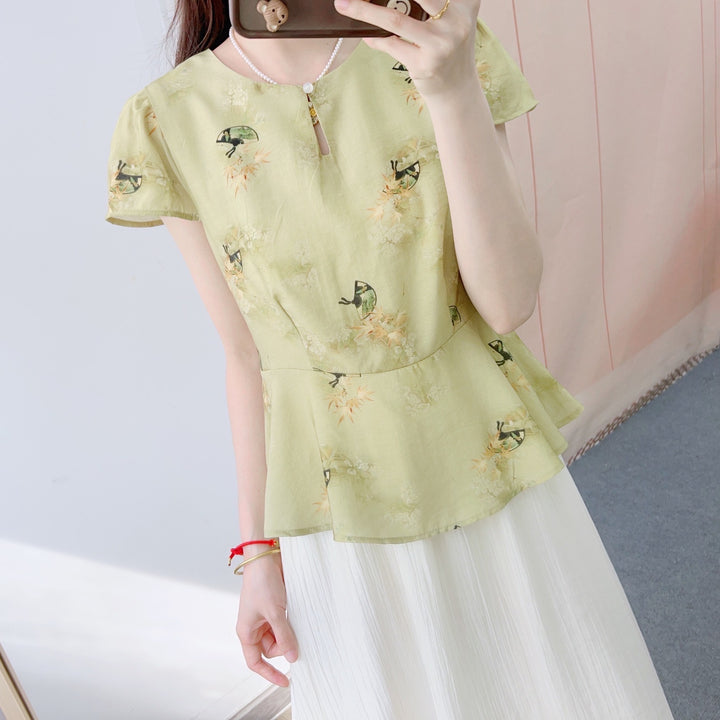 Dame Fashion Bluse med Puffærmer og farverigttryk Stilla