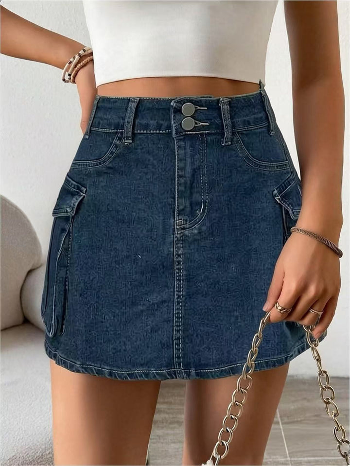Dame Denim-Mini nederdel med påsyede lommer og moderne detaljer Skovae