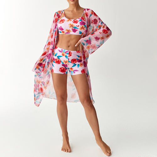Dame bikini sæt med elegant crop-top og gennemsigtig strandkimono Skovae