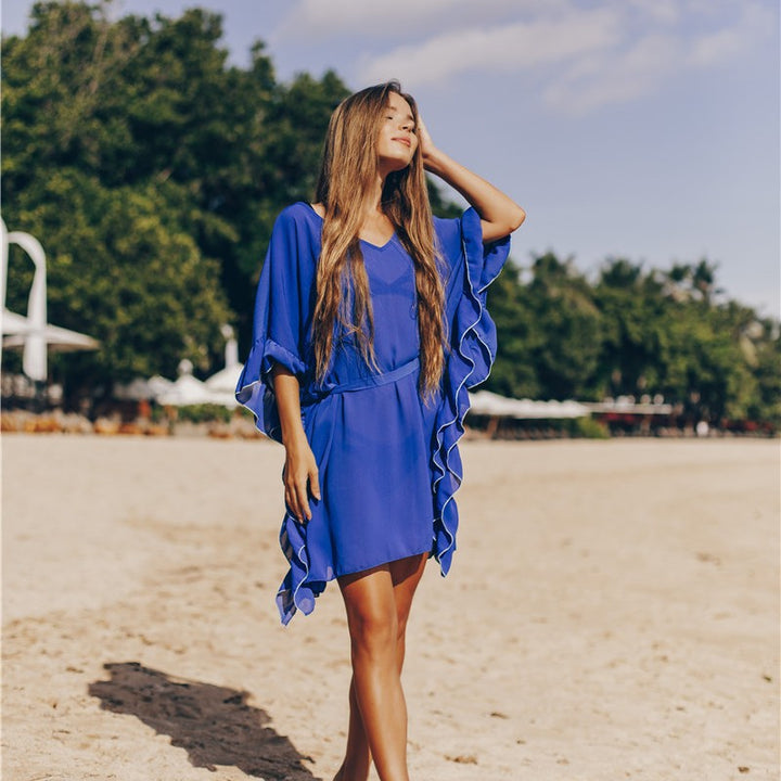 Dame flydende strandkimono med asymmetrisk flæser Stilla