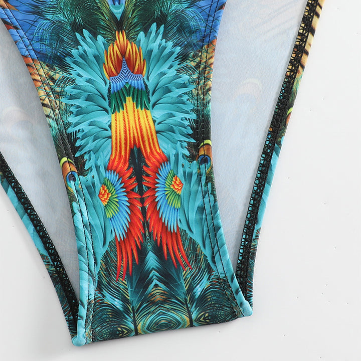Dame triangel-bikini med eksotisk fjerdesign og justerbare stropper Skovae