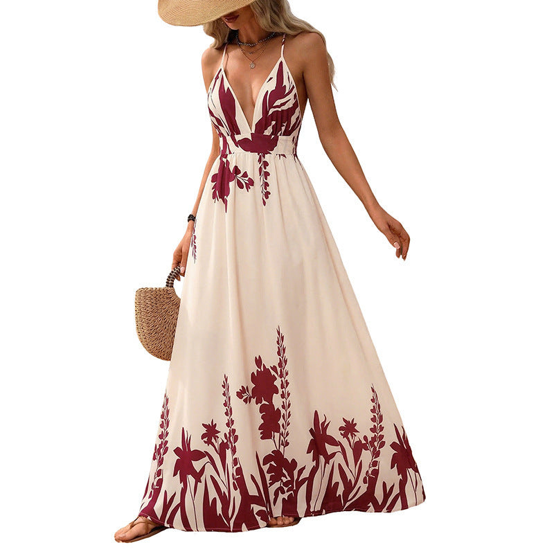 Damen Maxikleid mit tiefem V-Ausschnitt und floraler Applikation Skovae