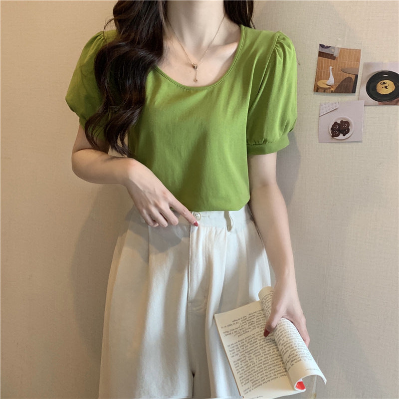 Femme Puff Ærme Casual T-Shirt Stilla