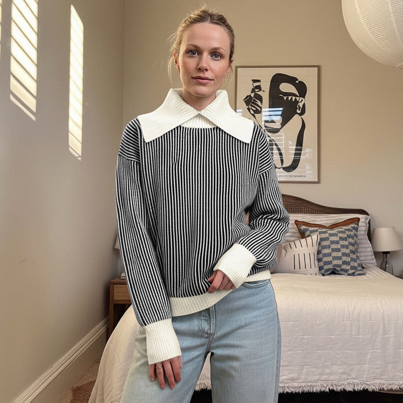 Dame sweater med fashionable stripe mønster og elegant krave Stilla