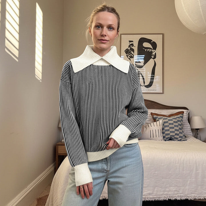 Dame sweater med fashionable stripe mønster og elegant krave Stilla