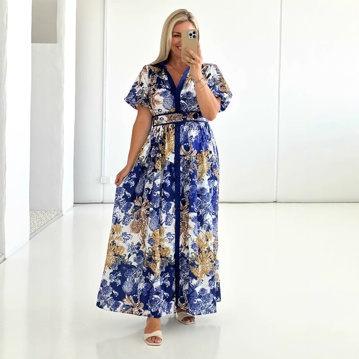 Dame Maxikjole med blomsterprint og elegant knapliste Stilla