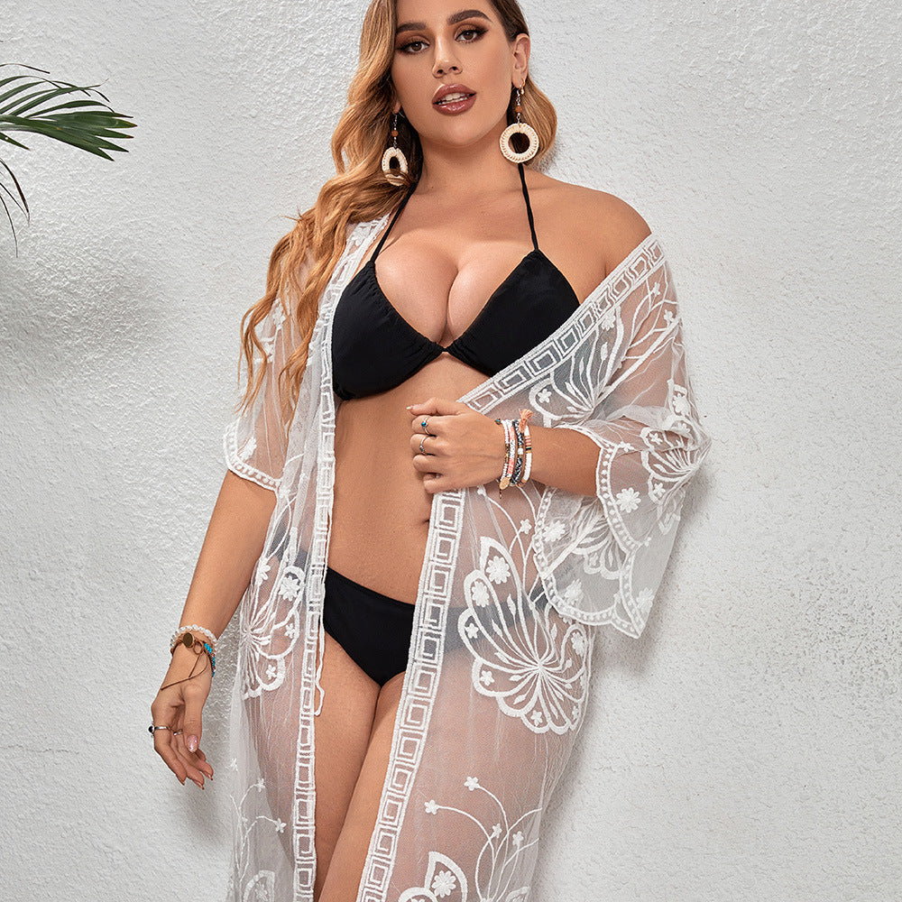 Dame Gennemsigtig Strandkimono med blomsterbroderi detalje Stilla