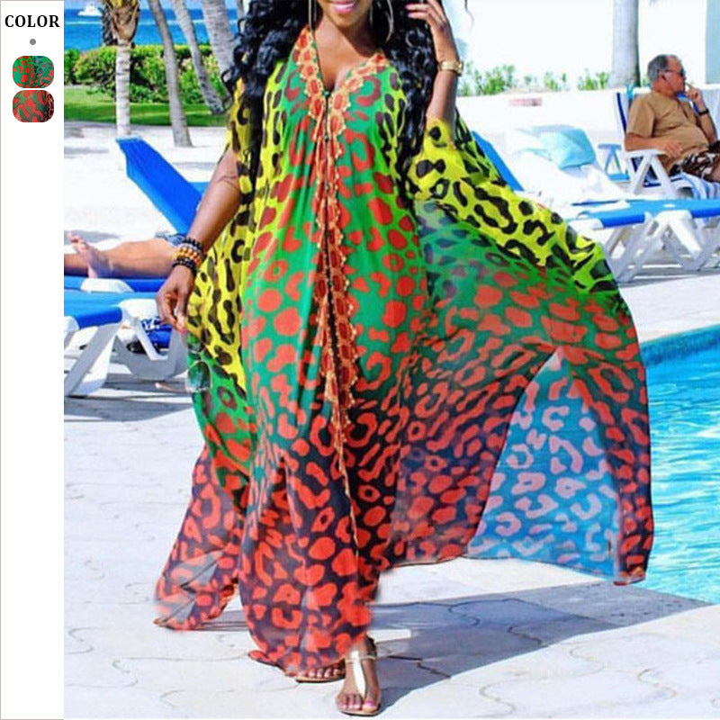 Dame Chiffon Kaftan med livligt dyreprint-design og udvidede ærmer Stilla