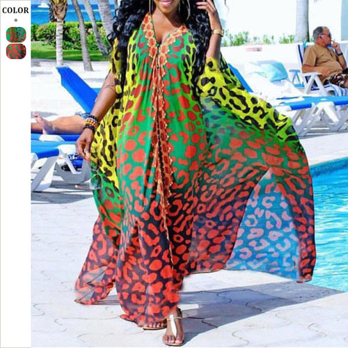 Dame Chiffon Kaftan med livligt dyreprint-design og udvidede ærmer Stilla