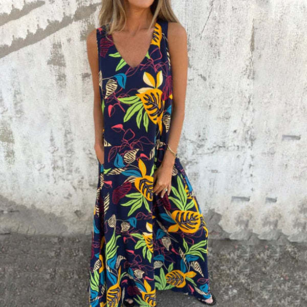 Dame Maxikjole med blomsterprint og elegant V-udskæring Stiila