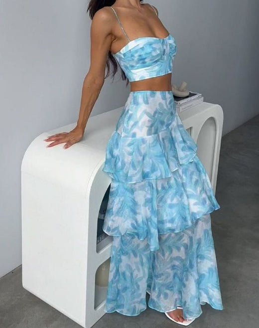 Kvinder To-delt Sæt med Flydende Maxi Nederdel og Crop Top