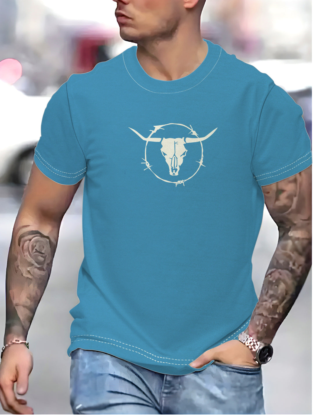 Herren T-shirt med unikt Barbed Wire-motiv og kvalitets bomuldsblanding Stilla