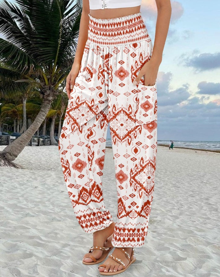 Dame elegant og komfortabel strandbukser med elastisk talje og farverigt paisley-mønster Stilla