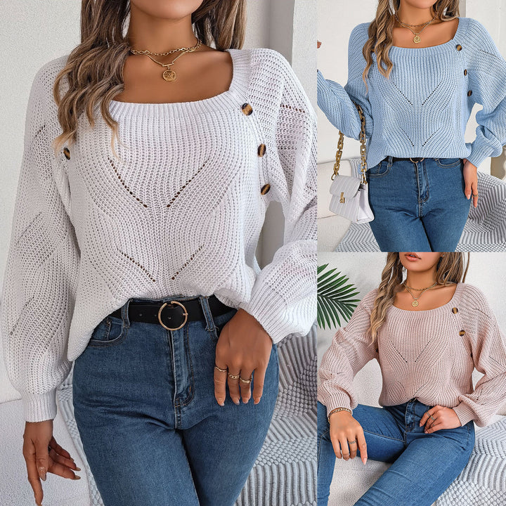 Dame luftig strikket sweater med dekorative knapper og hulmønster Stilla