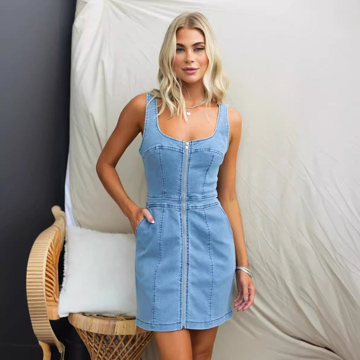 Dame Denim Kjole med Lynlås og Praktiske Lommer Stilla