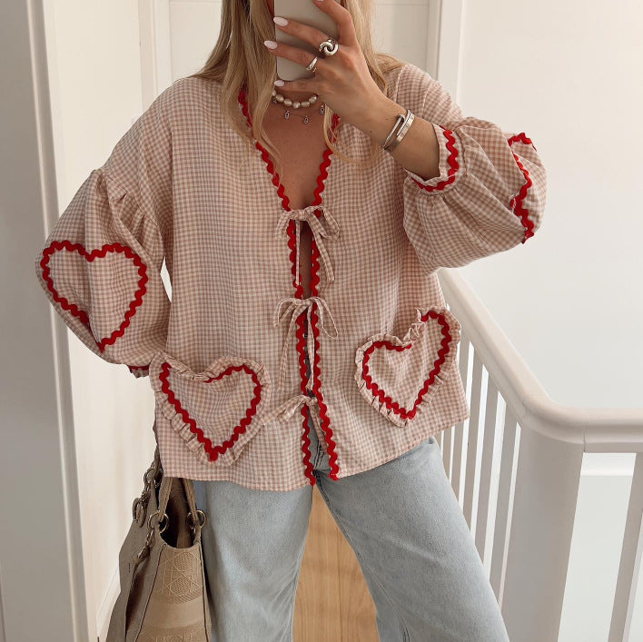 Dame Oversized Bluse med hjerteapplikationer og flæse detaljer Stilla