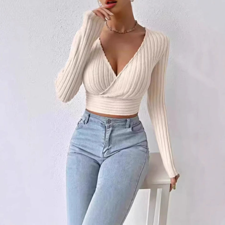 Dame figursyet, langærmet Crop-Top med omslagdesign og ribstruktur Stilla