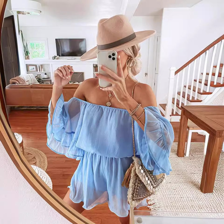 Dame Off-Shoulder Kort Kjole med voluminøse ærmer og flydende kant Stilla