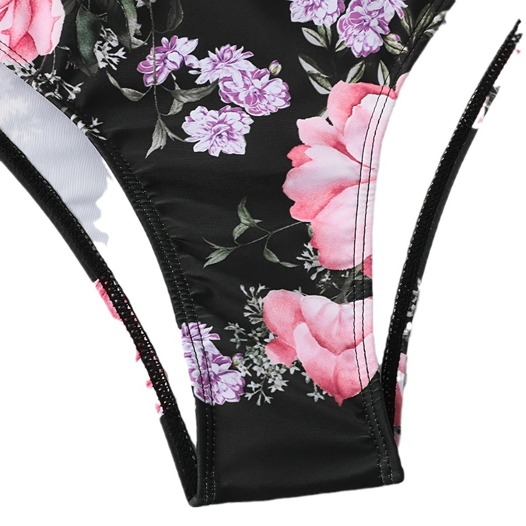 Dame bikini-sæt med dyb V-hals og floral høj talje trussen Stilla