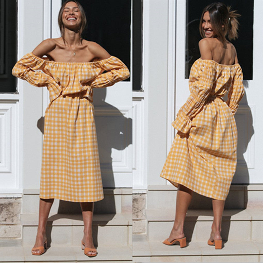 Damer Off-Shoulder Midi-kjole med elegante puffærmer i ternet mønster Stilla