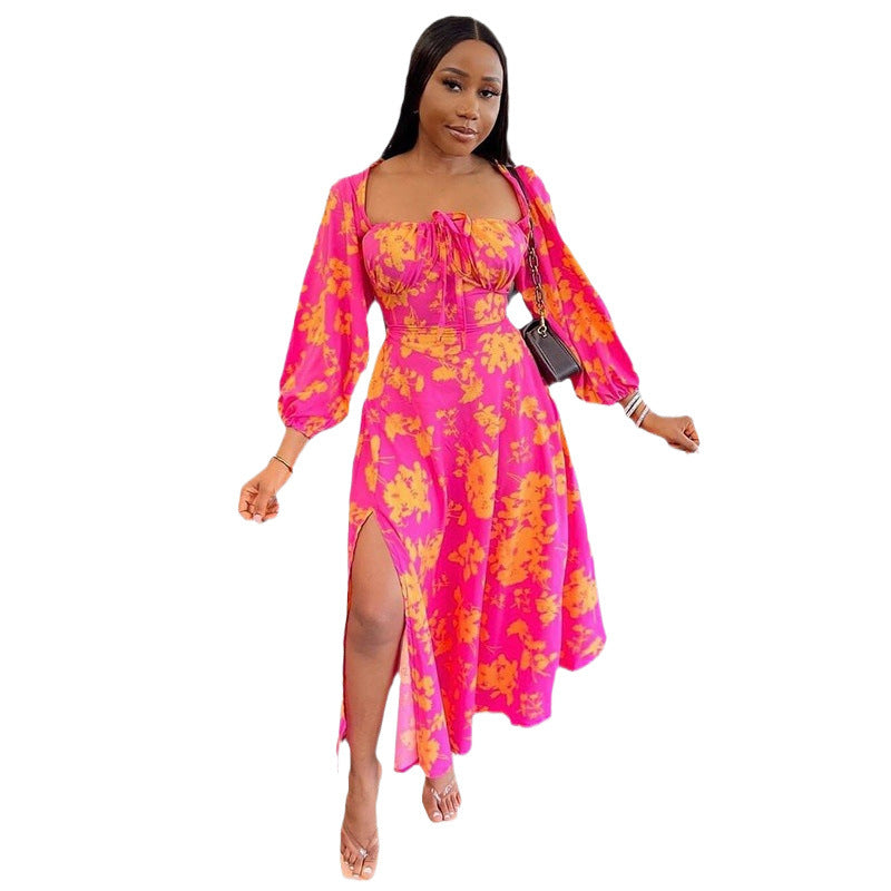 Dame Floral Print Pensel Maxi Kjole med Puffærmer Stilla
