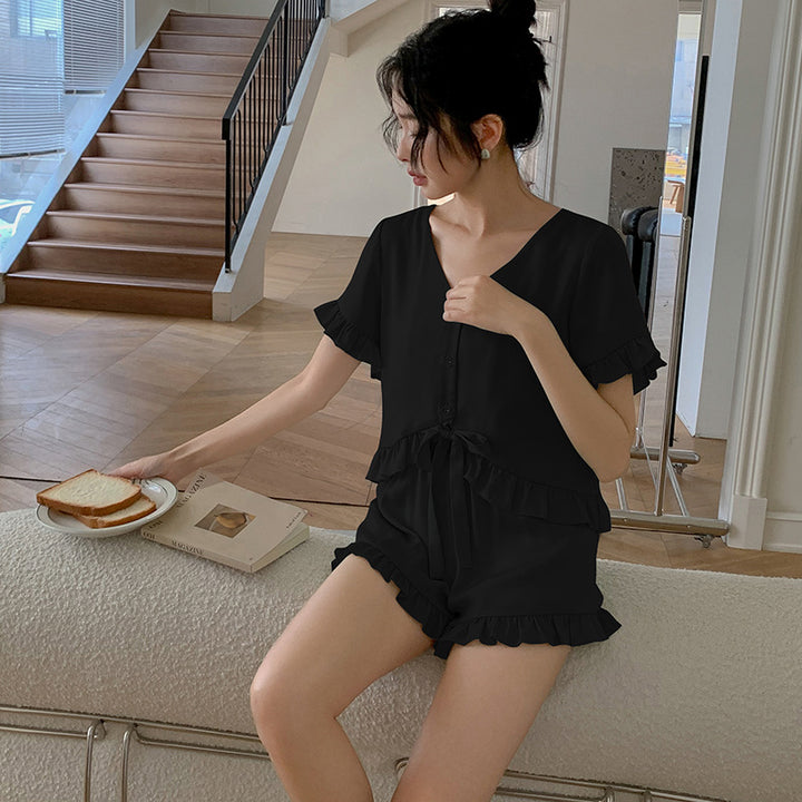 Dame Pyjama-sæt med voluminøst flæse design og elegant bælte Stilla
