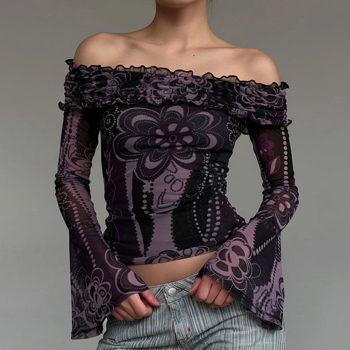 Dame Off-Shoulder top med voluminøse ærmer og blomstermønster Skovae