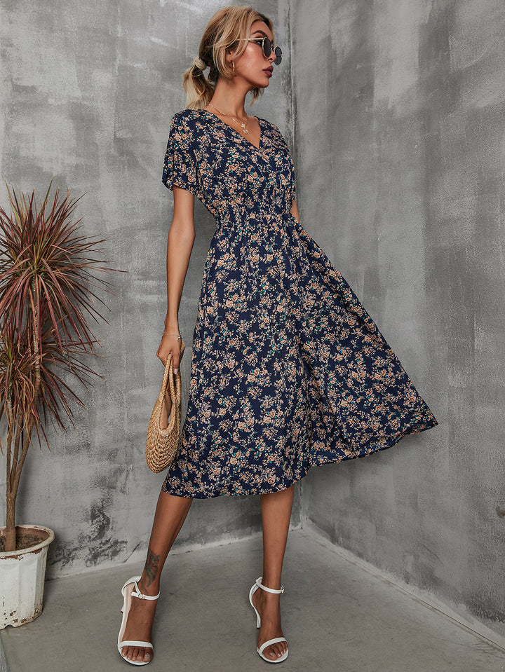 Dame Floral Print Smocked Waist Wickelkjole Stilla