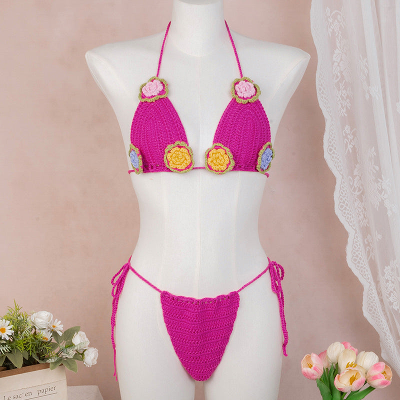 Dame Elegant Hæklet Bikini Sæt med blomsterapplikationer Skovae