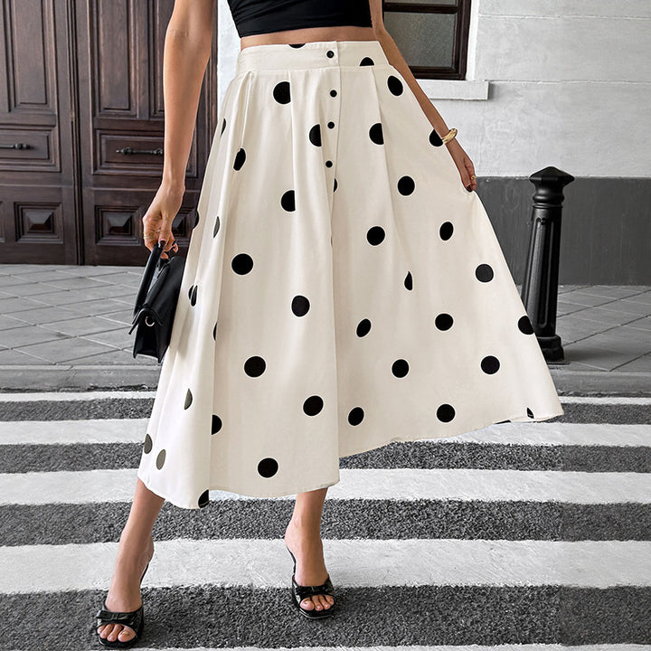 Dame Polka Dot A-Linie Midi-Nederdel med justerbar talje Stilla