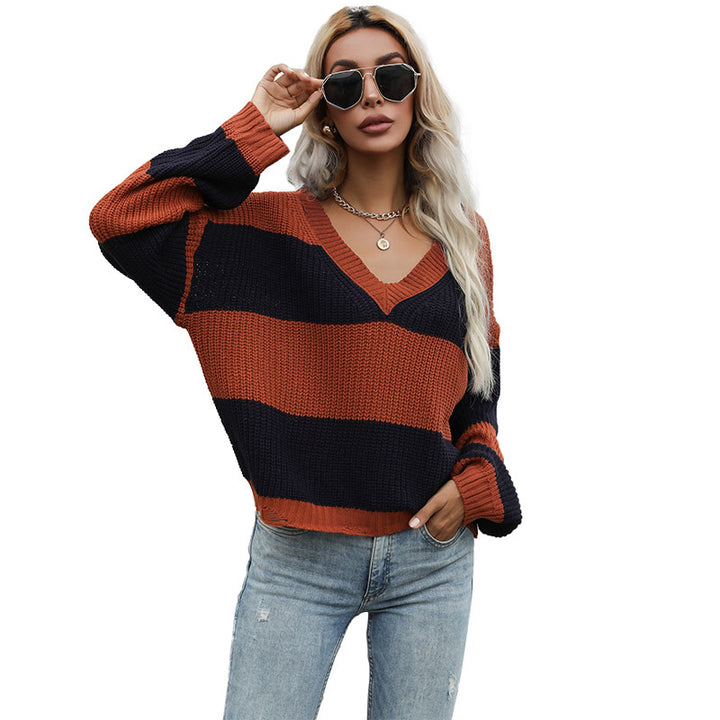 Kvinders oversized strikket sweater med V-hals og blokstriber Stilla