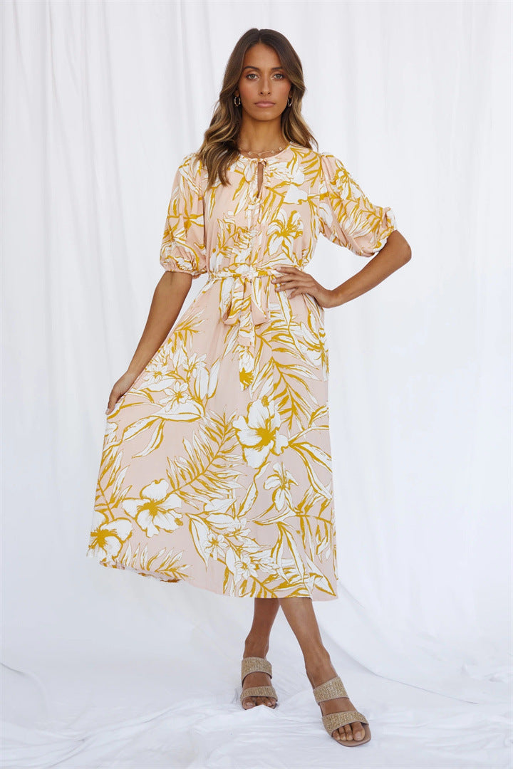 Femme Elegante Floral Midi Kjole med Bælte Talje Stilla