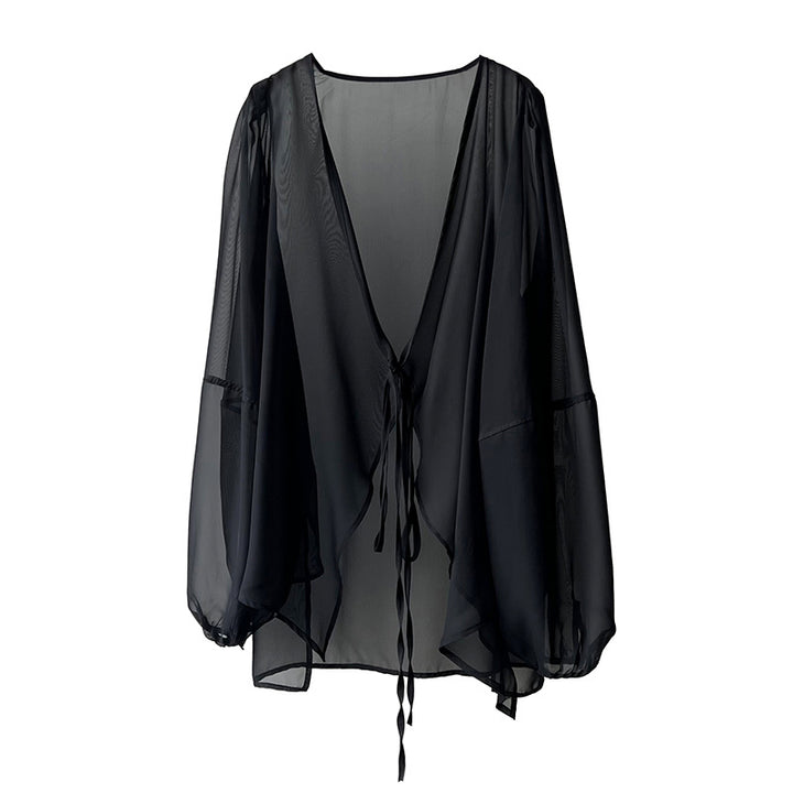 Dame elegant gennemsigtig bluse med dyb V-hals og bindebånd Stilla