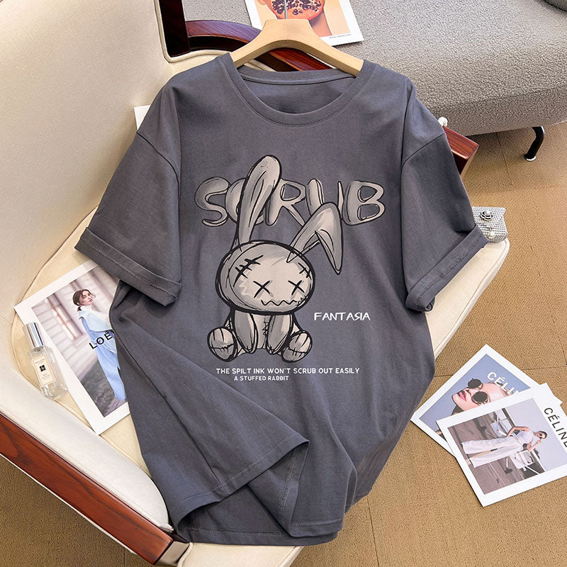 Dame T-shirt med kreativt kaninmotiv og afslappet skrift Stilla