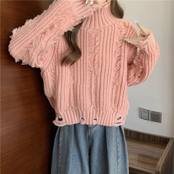 Femme Distressed Chunky Knit Rullekravepullover Stilla