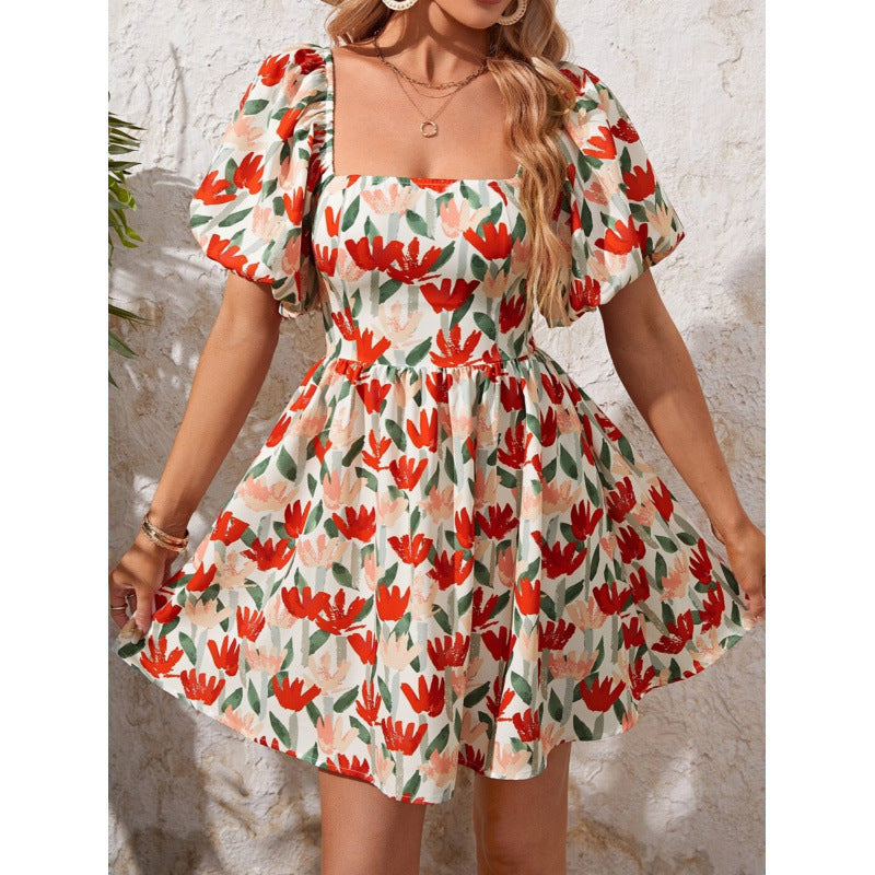 Dame Floral Print Quadrat-Udskæring Mini Kjole Stilla