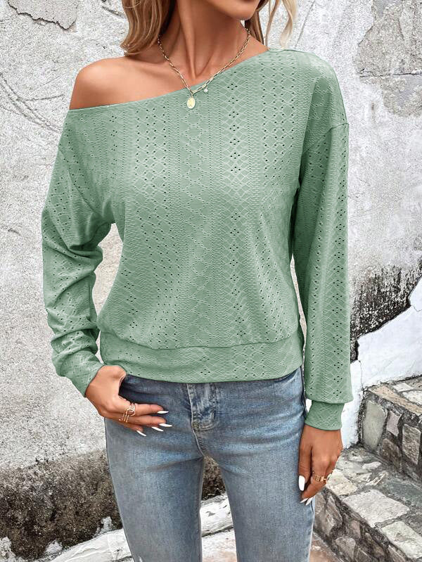 Dame Elegant Pullover med åben skulder og fin hulstruktur Stilla