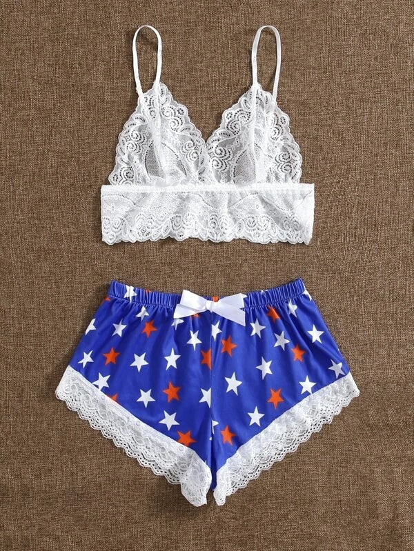 Dame-spids-Bralette og stjernetrykt shorts-sæt Stilla
