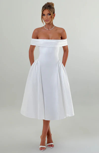 Dame Off-Shoulder Midikjole med elegant snit og lommer Stilla